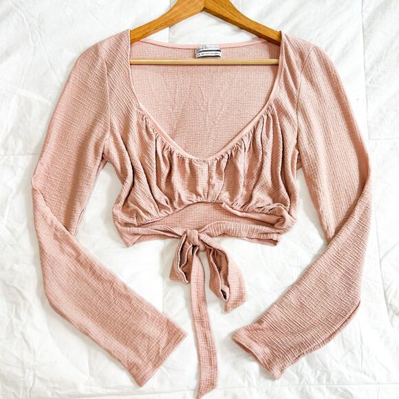 Urban Outfitters Pink Long Sleeve Waffle Knit Tie Front Cutout Crop Top Large - Picture 2 of 5